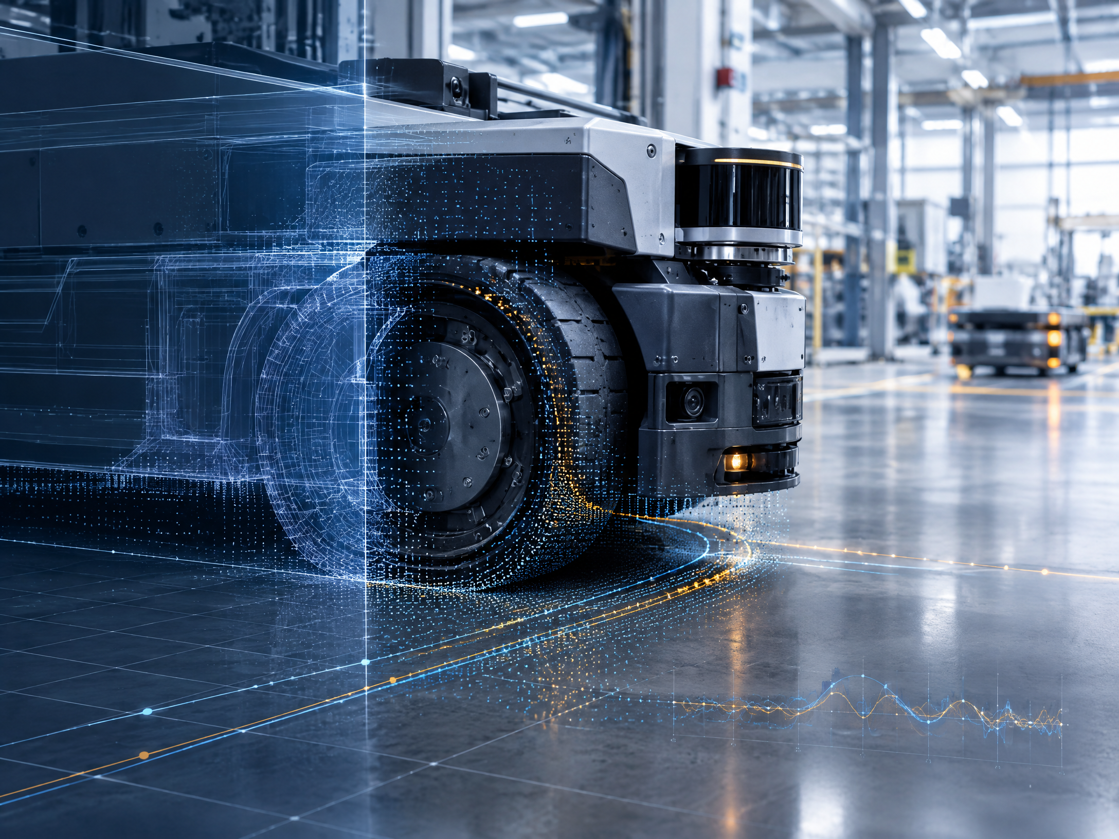 Conceptual illustration of an industrial robot and aligned simulation scan details